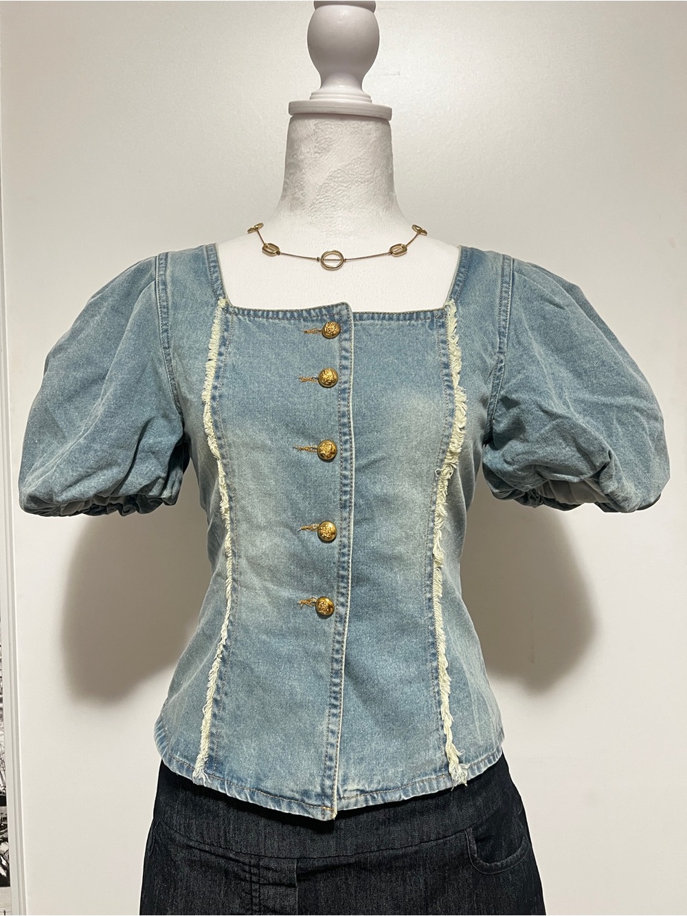 YLS Style Denim Puff Sleeve Blouse Frayed Trim Corset Top - Size S (Fits XS)